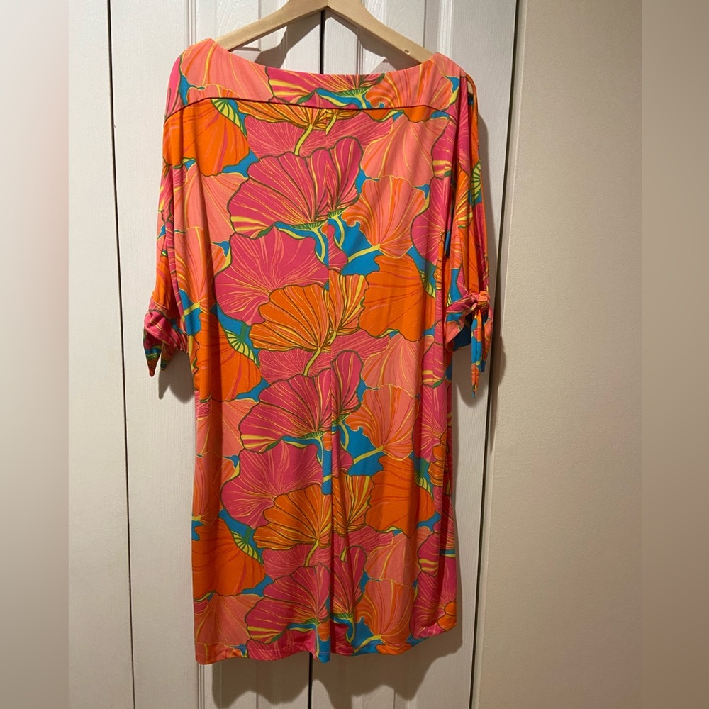 Trina Turk Pink and Orange Floral Shift Dress with Turquoise Blue Accents